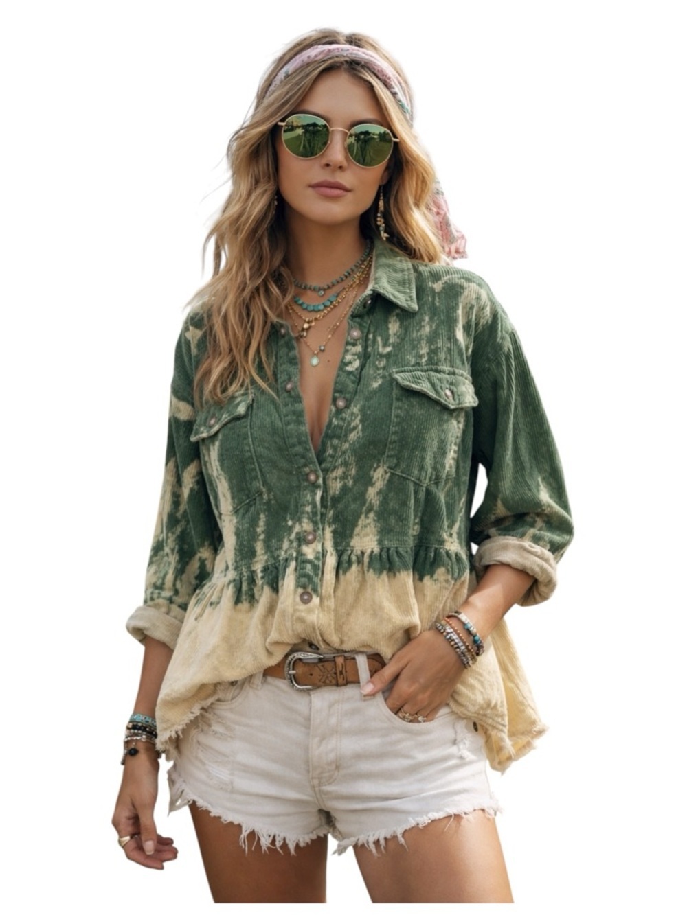 Green Bleach Dye Corduroy Peplum Shirt Jacket Women’s Medium Boho Cottagecore